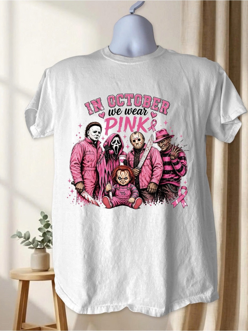 Ghost Face Halloween - In October We Wear Pink Graphic Tee